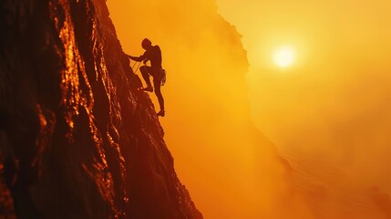 Silhouette of a Rock Climber Scaling a Cliff at Sunrise with an Orange Sky and Misty Atmosphere. Cinematic Low Angle Shot Capturing the Adventurous Spirit and Majestic Beauty of Nature.