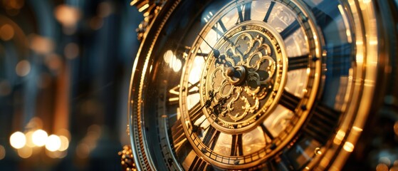 Antique clock glowing with golden light, emphasizing the value of time in business, against a dark and elegant setting