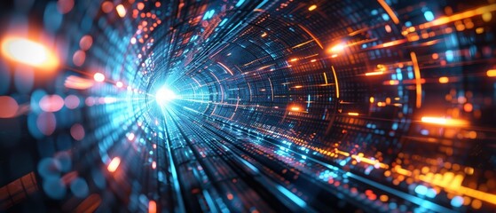 Fototapeta premium Abstract high-tech tunnel with colorful light streaks, visualizing the speed and flow of digital data