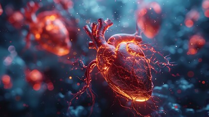 A detailed image of animated hearts beating in rhythm on a health-themed background. The vibrant hearts pulse rhythmically against a backdrop of medical icons and soothing, cool tones.