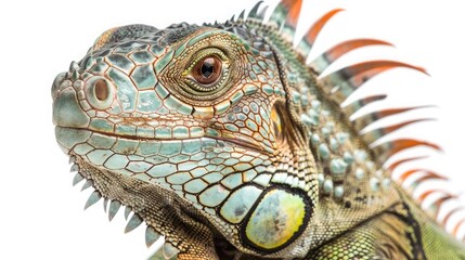 Fototapeta premium A close up portrait of a Green iguana (Iguana iguana) on a white background; Limon province, Costa Rica