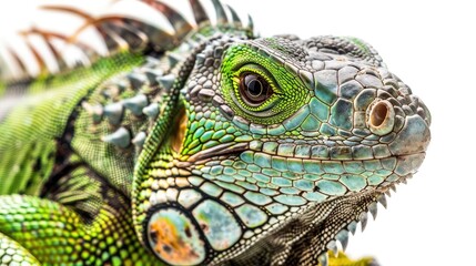 Fototapeta premium A close up portrait of a Green iguana (Iguana iguana) on a white background; Limon province, Costa Rica
