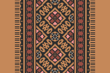 Traditional ethnic motifs ikat geometric fabric pattern cross stitch. Ikat embroidery Ethnic oriental Pixel navy blue background. Abstract,vector,illustration. Texture,scarf,decoration,wallpaper.