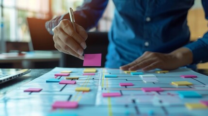 Fototapeta premium A business strategy session with a focus on a flowchart diagram depicting workflow optimization in logistics