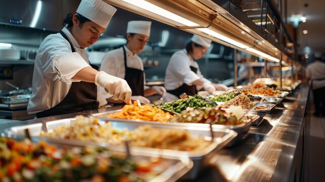 Close up of a buffet worker wearing protective gloves distributing and pouring food

