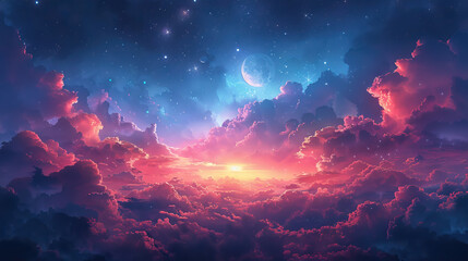 cloud background, pink and blue gradient sky with moon and stars.