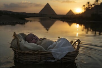 Baby Moses floating in a basket on a river at sunset with pyramids in the background