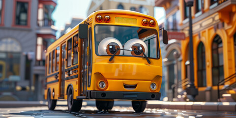 A humorous cartoon picture of a yellow school bus on a yellow background.
