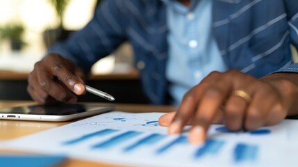 A close-up of a financial analyst pointing at a line graph during a strategic business meeting