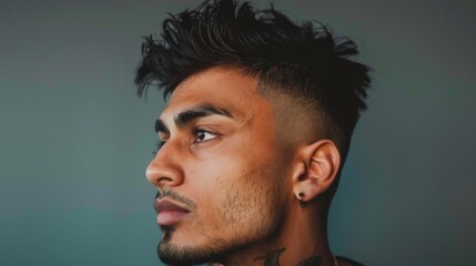 Obraz premium A close-up of a man with a trendy fade haircut and styled with pomade, looking sharp and modern