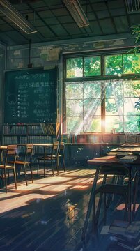 interior of classrom with window and curtains blowing in the wind. anime or cartoon style. vertical video animation backround