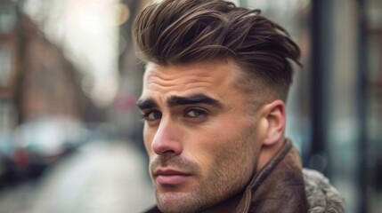 Obraz premium A close-up of a man with a trendy fade haircut and styled with pomade, looking sharp and modern