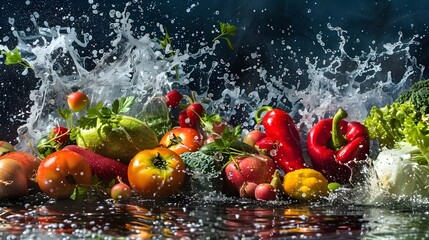 Fresh vegetables, fruits and water splashes on panoramic background. 