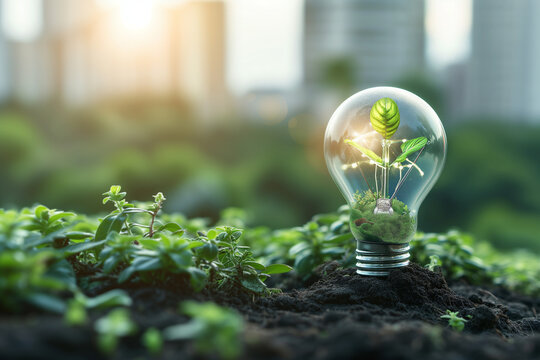 An electric light bulb on the ground with a green plant inside against a blurred silhouette of a city. Energy saving concept. Green energy.