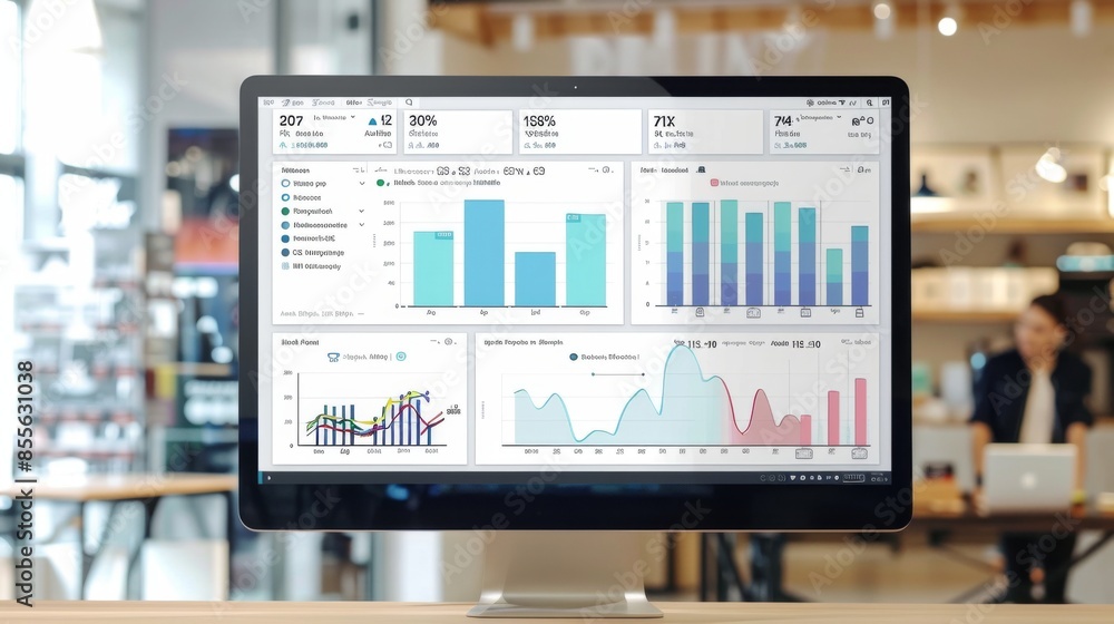 Poster a digital dashboard with interactive graphs showing key performance indicators (kpis) for a retail c