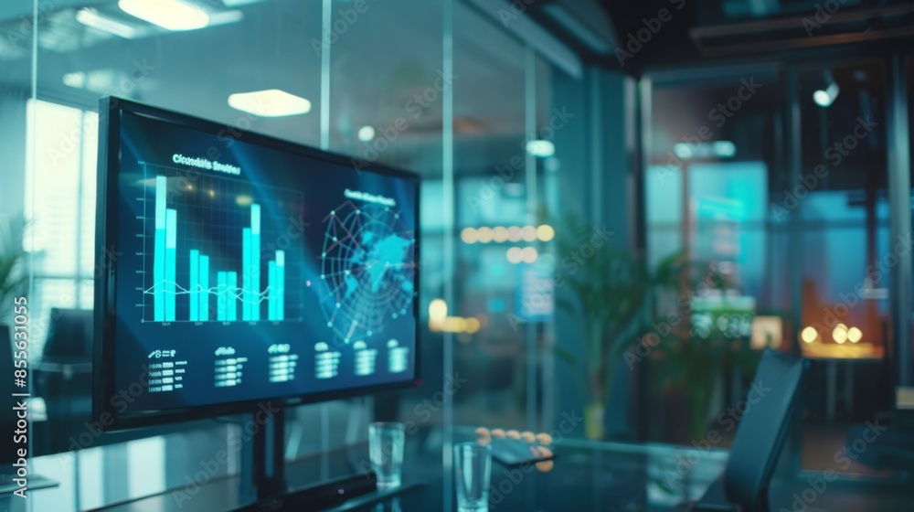 Poster A digital screen in a corporate office showing a spider chart evaluating competitive positioning in the market