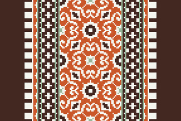 Traditional ethnic motifs ikat geometric fabric pattern cross stitch. Ikat embroidery Ethnic oriental Pixel navy blue background. Abstract,vector,illustration. Texture,scarf,decoration,wallpaper.