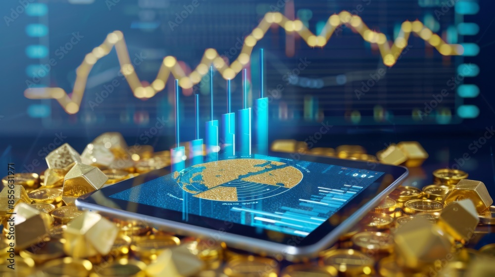 Poster a digital tablet displaying a pie chart illustrating global gold production and consumption statisti