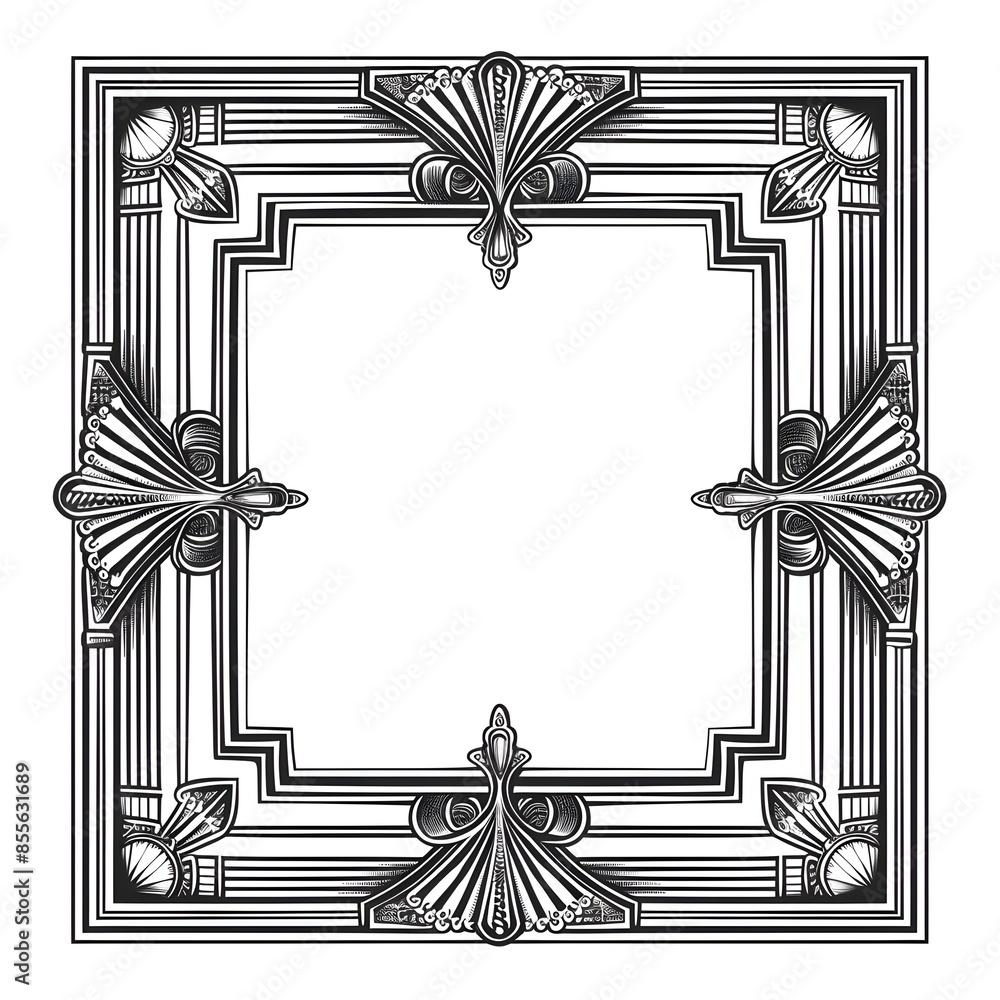 Poster stylish art deco frame with symmetrical patterns on isolated white background