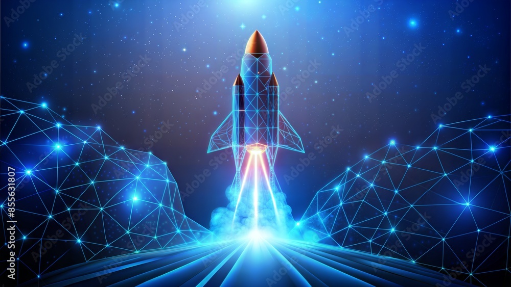 Wall mural digital rocket launch into outer space. copy space. boosting and takeoff career concept. abstract sp