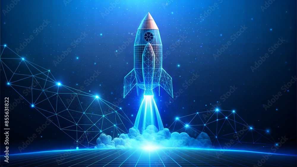Wall mural digital rocket launch into outer space. copy space. boosting and takeoff career concept. abstract sp