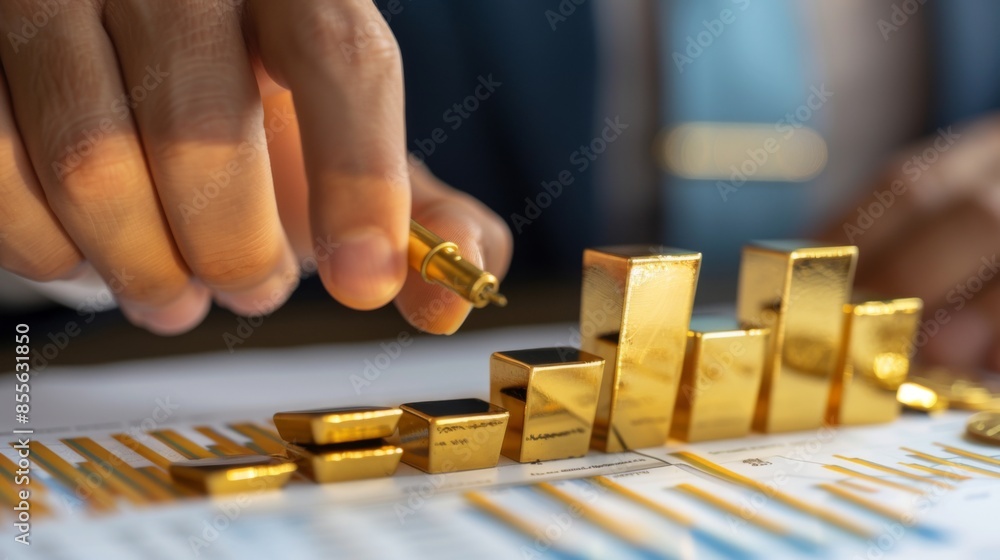 Poster a financial analyst pointing at a bar chart showing the historical performance of gold investments