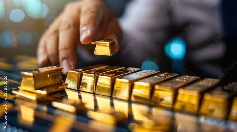Poster a financial analyst pointing at a bar chart showing the historical performance of gold investments
