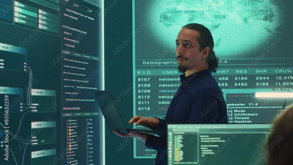 Poster governmental hacker expert working on securing digital information, analyzes intelligence on big scr