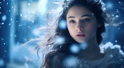 Beautiful happy young woman with snow flakes. Winter forest landscape background