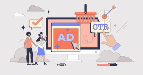 Media planning for effective ads strategy tiny person neubrutalism concept. Online marketing for brand recognition and advertisement on social media vector illustration. Click through rate analysis.