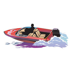 A lone adventurer steers a sleek motorboat across tranquil waters, embodying freedom and leisure. The sun glints off the surface, highlighting the man s focused expression as he navigates through