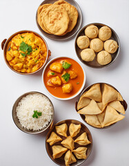 Top view collection of Indian foods isolated on a white background, including momos, butter