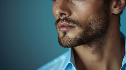 Fototapeta premium A man with a beard and mustache is wearing a blue shirt. Concept of confidence and masculinity