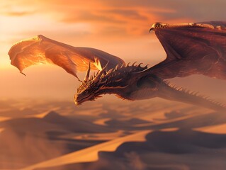 Majestic Dragon Soaring Over Scorching Desert Landscape at Dramatic Sunset