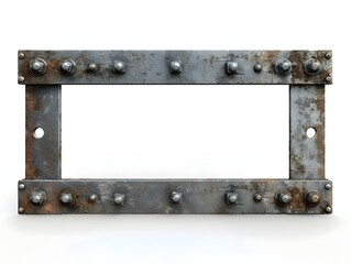 Weathered Industrial Steel Frame with Riveted Edges Isolated on White Background