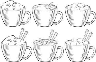 set of vector hand drawn illustrations of a cup. Vector composition with cup of hot chocolate, coffee. 