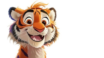 Obraz premium An adorable tiger cartoon with a big smile set against a clean white background