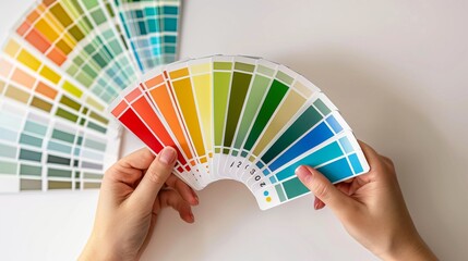 Color palette with fan of paint swatches in hand. A perfect tool for designers, artists, and DIY enthusiasts for matching and selecting colors. Top view of a vibrant, colorful array. AI