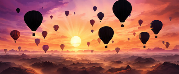 Obraz premium Fantasy hot air balloons at sunset in the sky design. 