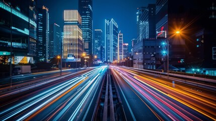 Vibrant futuristic city street at night with dynamic light trails and towering skyline