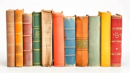 Naklejka premium A row of colorful vintage books with worn covers, displayed upright against a clean white background. Perfect for library, education, and literature themes. This is an AI-generated image. AI