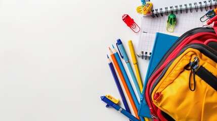 Back to school concept: flat lay of a backpack filled with school supplies including pens, pencils, and a notebook on a white background with copy space, top view.