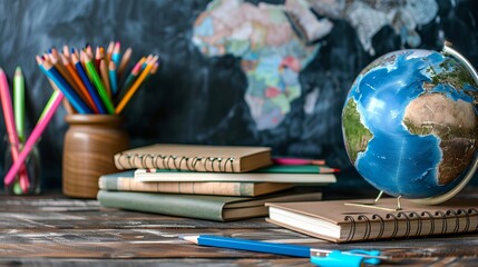 Back to school concept with earth globe, books, notebooks, colorful stationery, and educational supplies on a blackboard chalkboard background. Learning essentials and stack of books on wooden desk