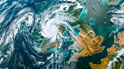 A breathtaking hurricane image showcases its strength over the UK from high altitude. Captured in striking detail and vivid colors. Ideal for weather analysis and geographical studies. AI