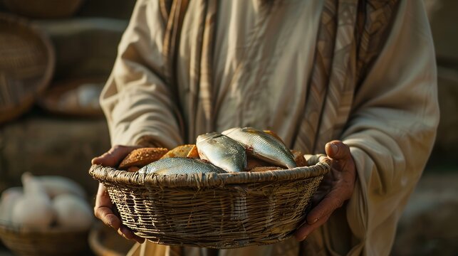Jesus blessing fish and bread  realistic biblical art depicting feeding the multitude miracle
