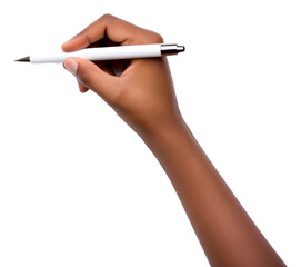Hand holding a pen writing adult white background.