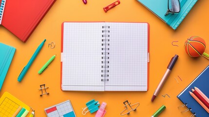 Back to school concept: open notebook with colorful school supplies including pencils, ruler, eraser, and paper clips on a wooden desk, perfect for academic themes and educational content