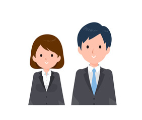 スーツを着たビジネスピープル男女。普通の表情、微笑み。