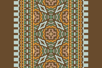 Traditional ethnic motifs ikat geometric fabric pattern cross stitch.Ikat embroidery Ethnic oriental Pixel navy blue background. Abstract,vector,illustration. Texture,scarf,decoration,wallpaper.