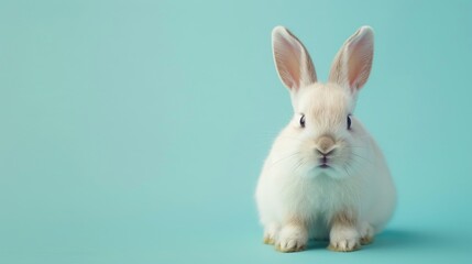 Fototapeta premium Cute baby bunny on blue backdrop